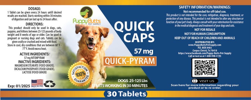 30 TABLETS QUICK CAPS Nitenpyram 57mg for Dogs 25-125 lbs – Puppy Butts Pet  Supply
